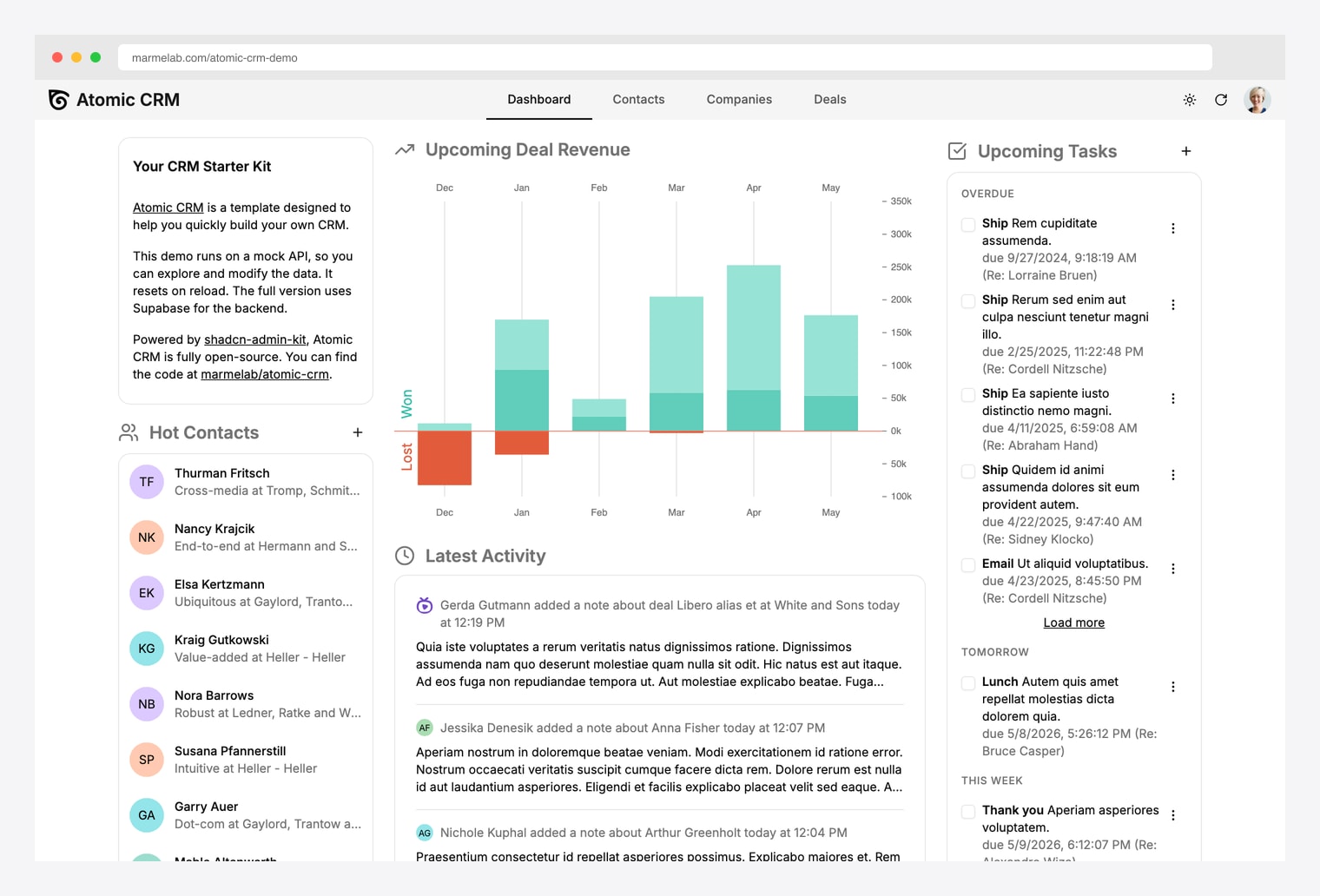 Atomic CRM — open-source full-featured CRM with React, shadcn/ui, and Supabase
