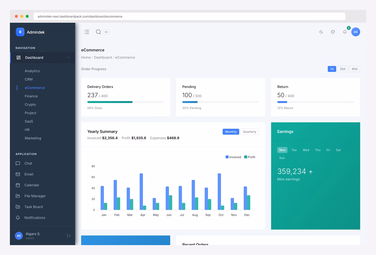 Admindek E-commerce — DashboardPack shadcn/ui ecommerce admin with order tracking