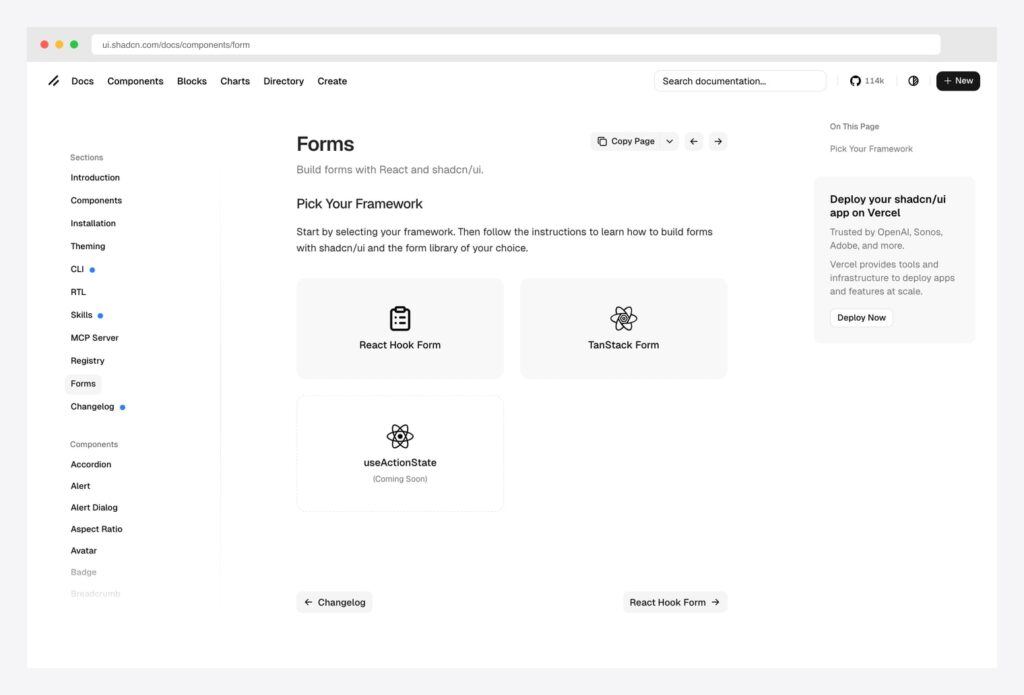 shadcn/ui Official Form at ui.shadcn.com/docs/components/form — Pick Your Framework with React Hook Form, TanStack Form, and useActionState options for building forms with React and shadcn/ui