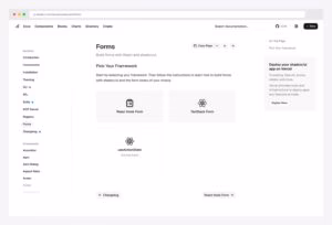 shadcn/ui Official Form at ui.shadcn.com/docs/components/form — Pick Your Framework with React Hook Form, TanStack Form, and useActionState options for building forms with React and shadcn/ui