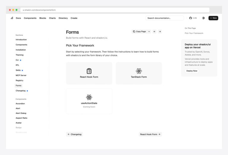 shadcn/ui Official Form at ui.shadcn.com/docs/components/form — Pick Your Framework with React Hook Form, TanStack Form, and useActionState options for building forms with React and shadcn/ui