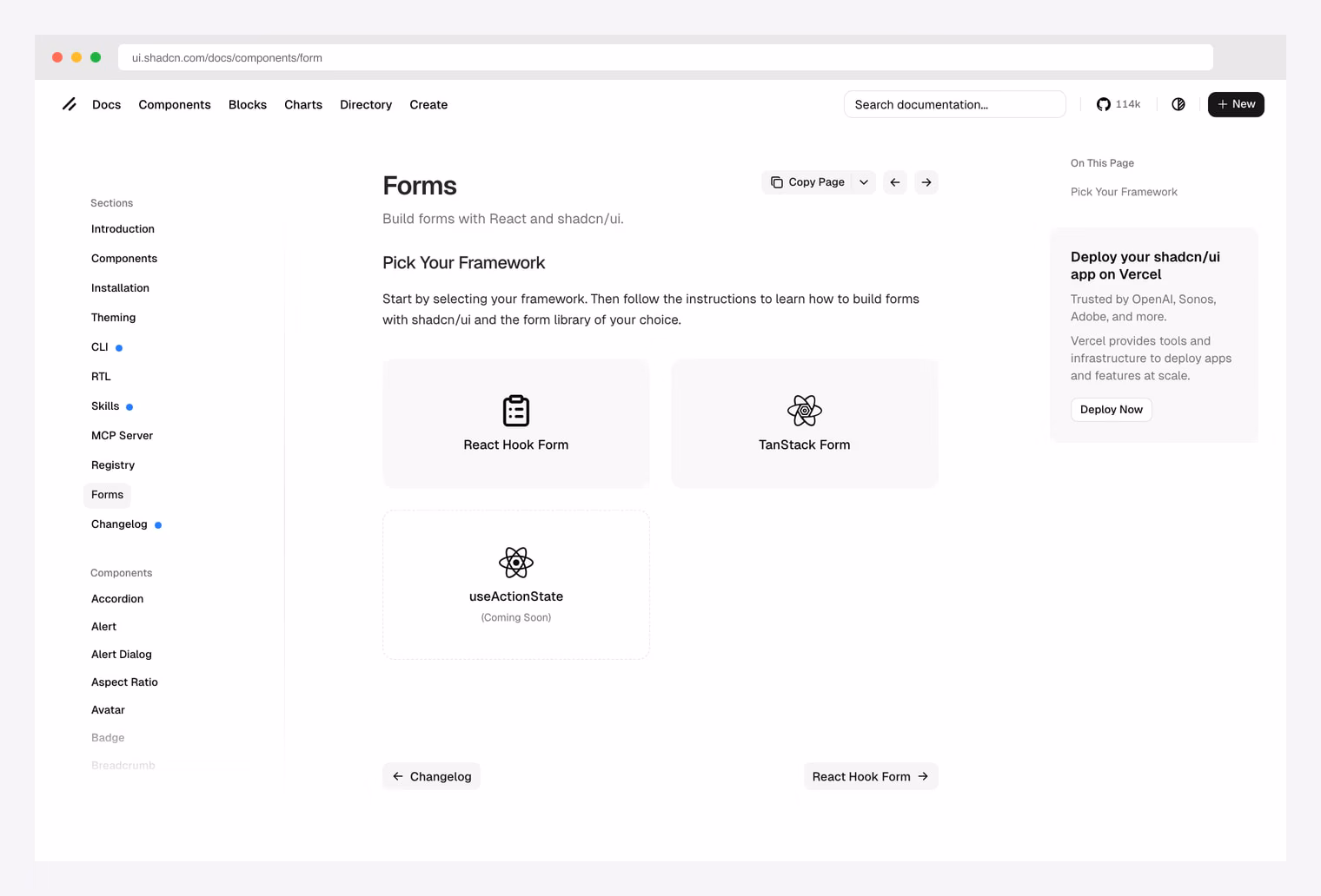 shadcn/ui Official Form at ui.shadcn.com/docs/components/form — Pick Your Framework with React Hook Form, TanStack Form, and useActionState options for building forms with React and shadcn/ui