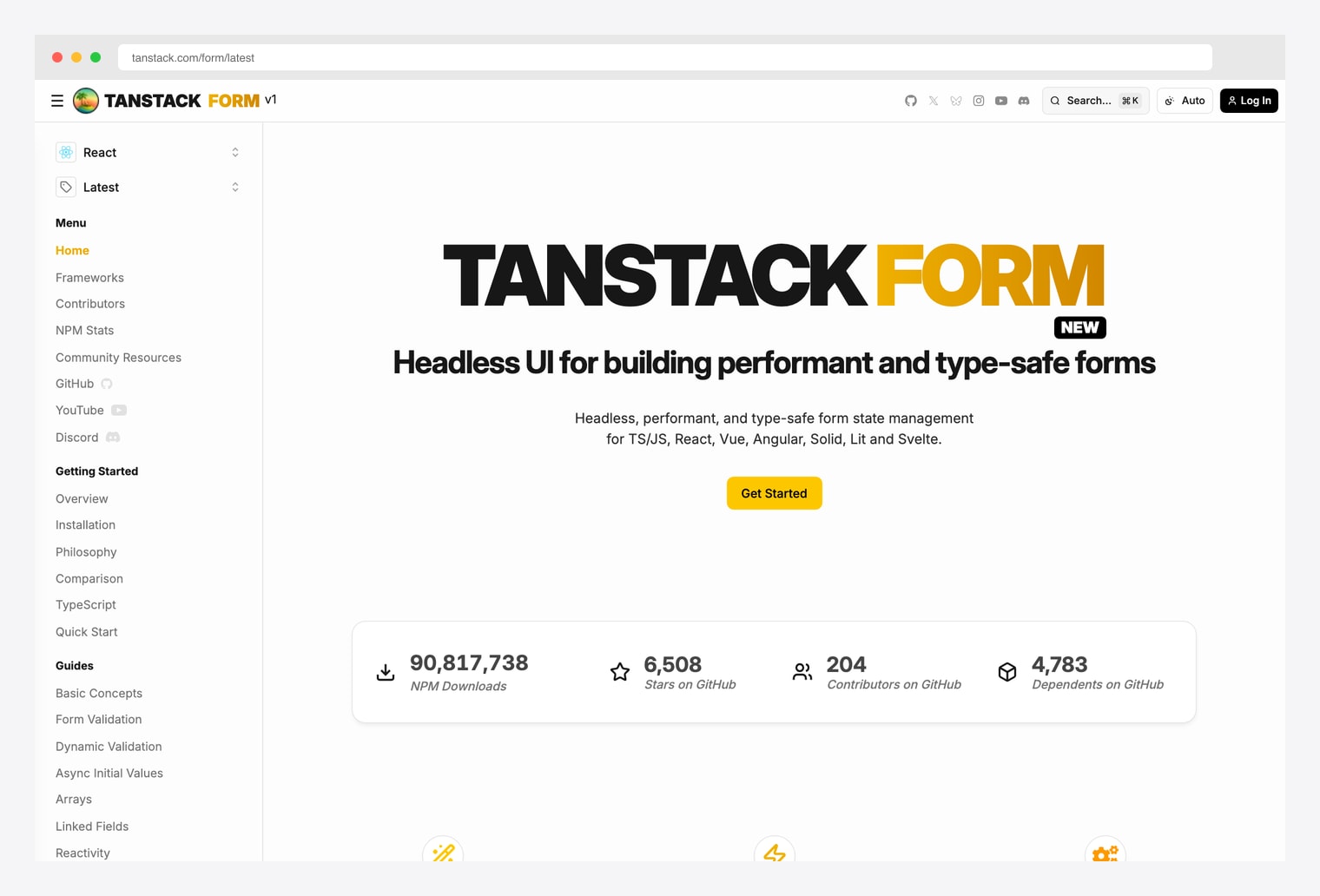 TanStack Form — Headless UI for building performant and type-safe forms across React, Vue, Angular, Solid, Lit and Svelte, with 90M+ NPM downloads, 6,508 GitHub stars, 204 contributors, and 4,783 dependents