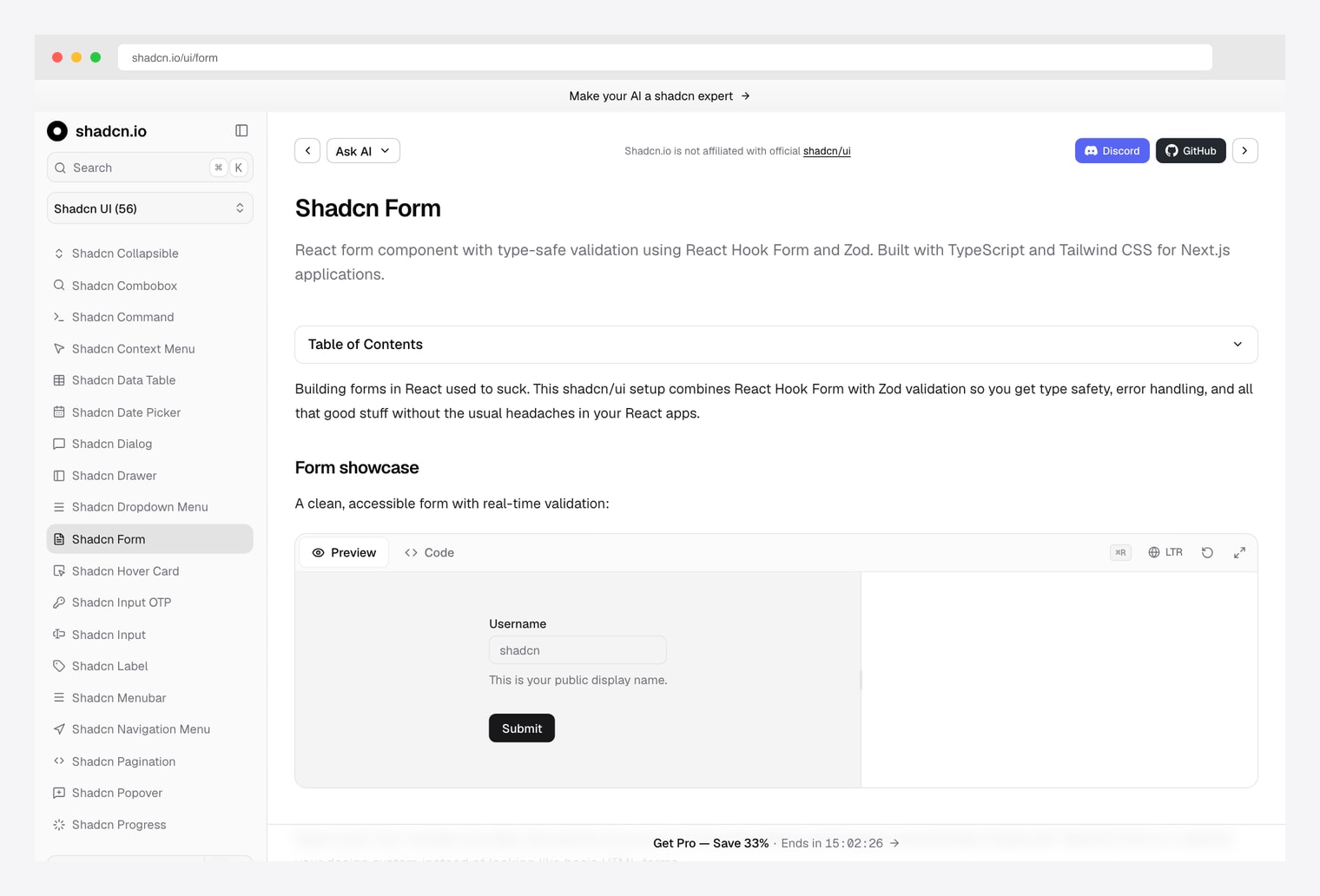 shadcn.io Shadcn Form — React form component with type-safe validation using React Hook Form and Zod, built with TypeScript and Tailwind CSS for Next.js applications, with 56 Shadcn UI components in the catalog