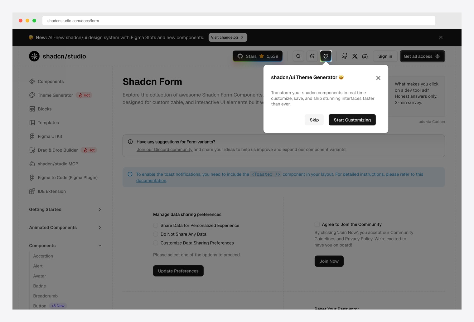 Shadcn Studio Form — collection of awesome Shadcn Form Components designed for customizable and interactive UI elements, with Theme Generator integration for live form styling