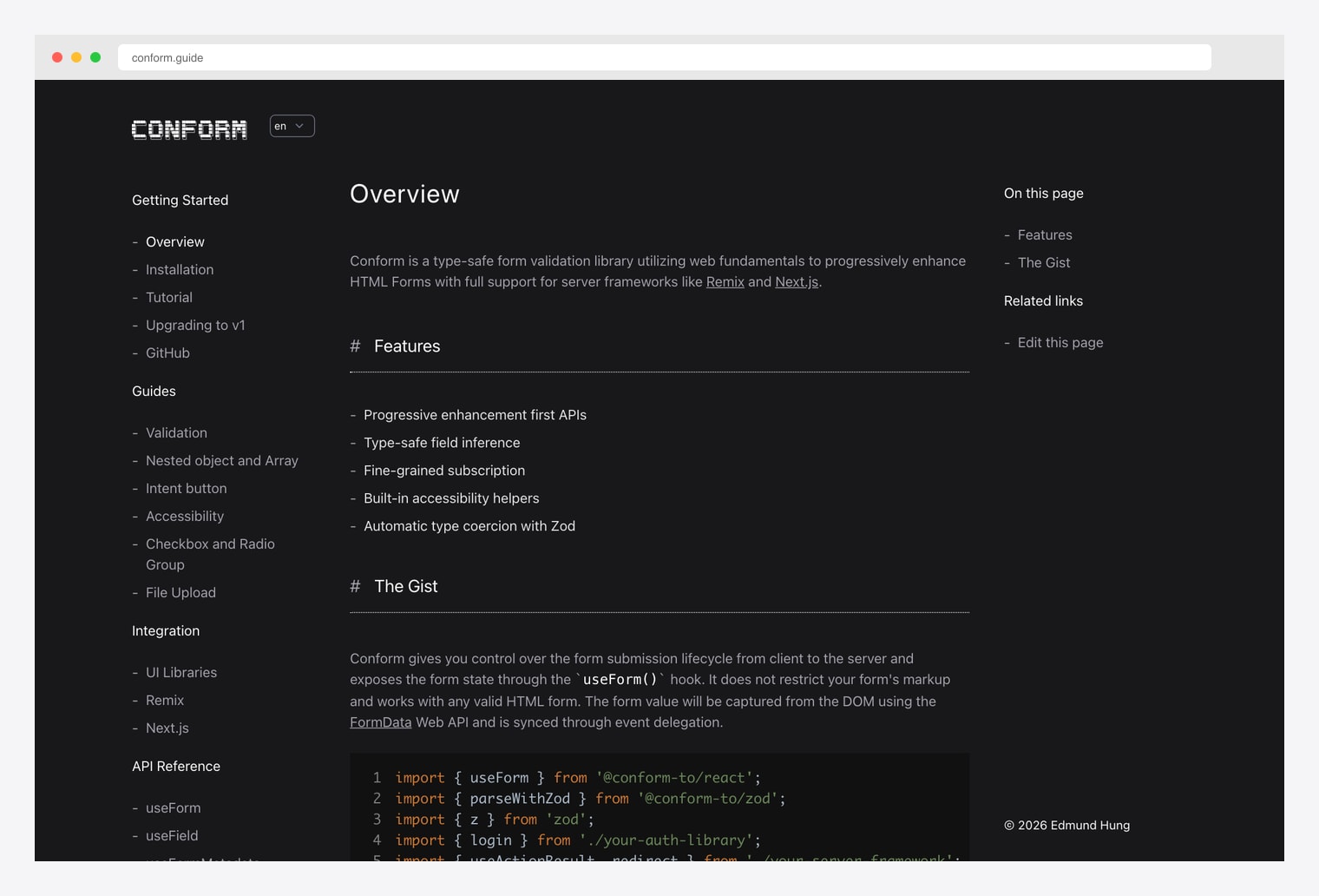 Conform — type-safe form validation library utilizing web fundamentals to progressively enhance HTML Forms with full support for server frameworks like Remix and Next.js, with progressive enhancement APIs, type-safe field inference, fine-grained subscription, built-in accessibility helpers, and automatic Zod type coercion