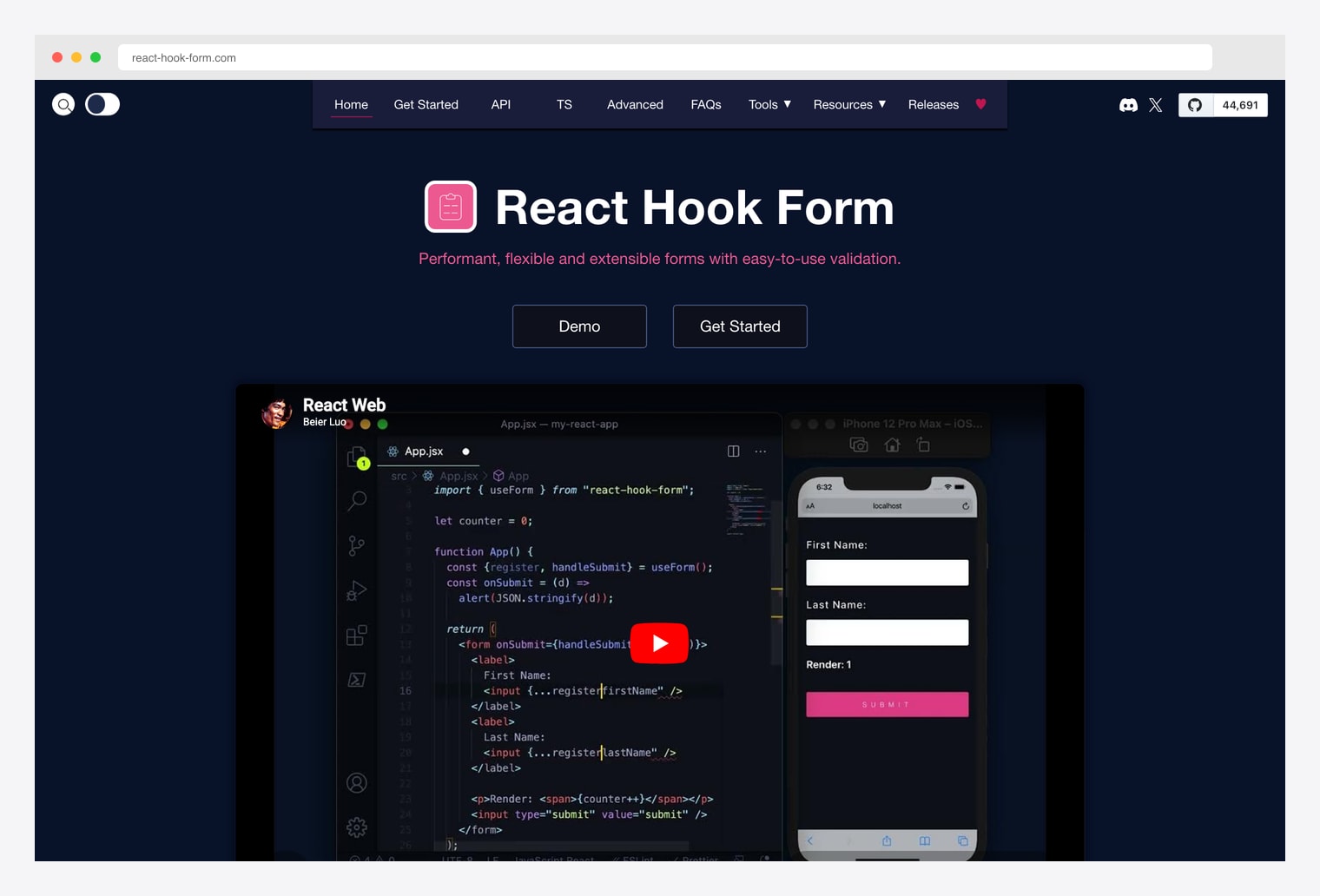 React Hook Form — performant, flexible and extensible forms with easy-to-use validation, the underlying library used by official shadcn/ui forms, 44,691 GitHub stars, 2.4M+ weekly downloads