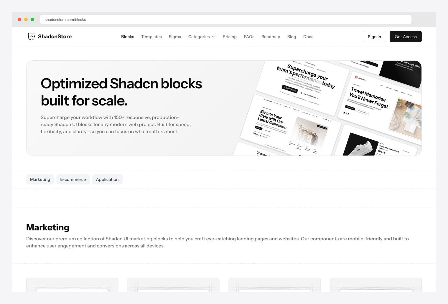ShadcnStore Blocks — premium shadcn UI blocks marketplace with 150+ responsive production-ready blocks for any modern web project, including marketing, e-commerce, and application blocks