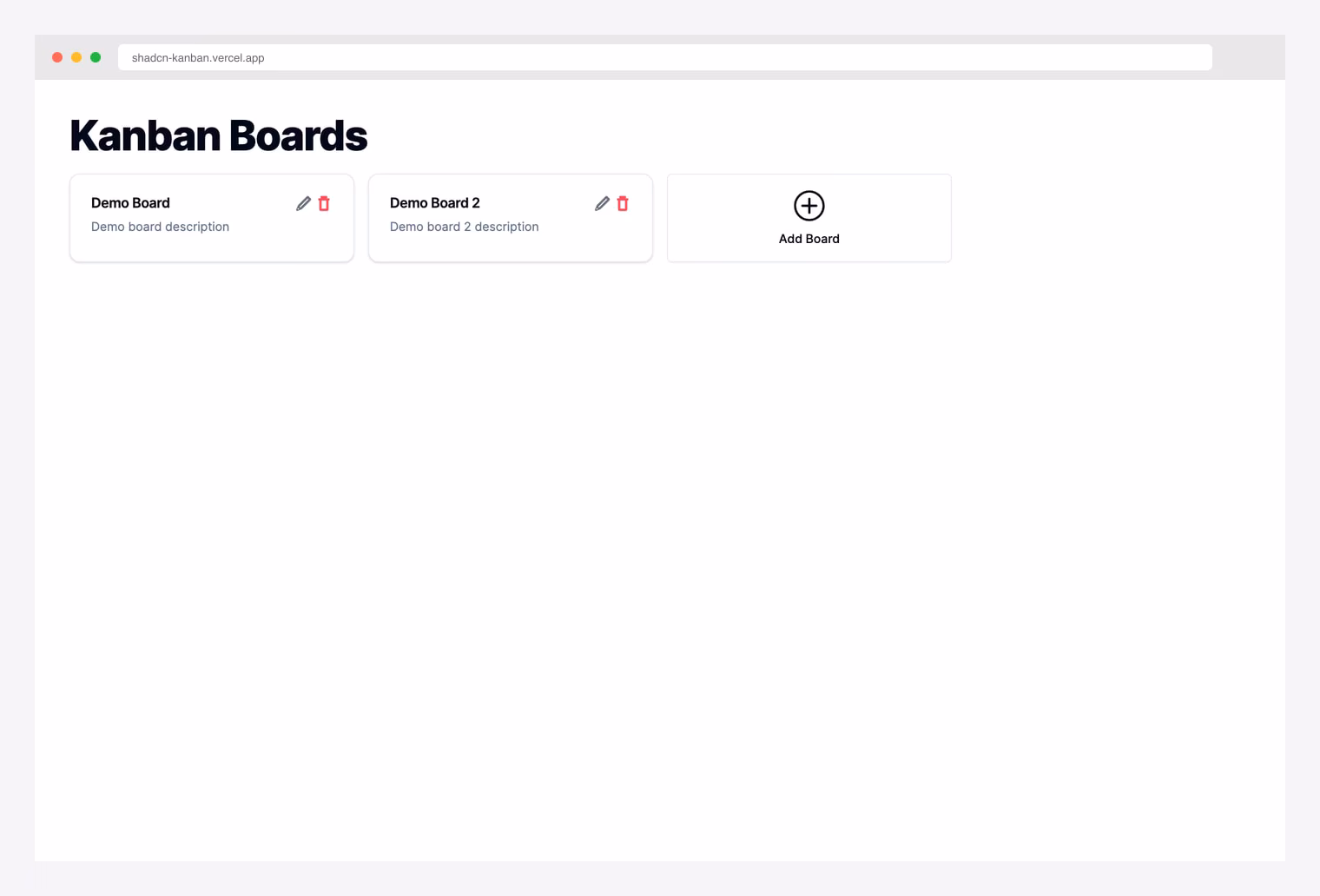 shadcn-kanban.vercel.app — open-source minimal Kanban Boards demo with Demo Board cards, edit and delete actions, and an Add Board CTA