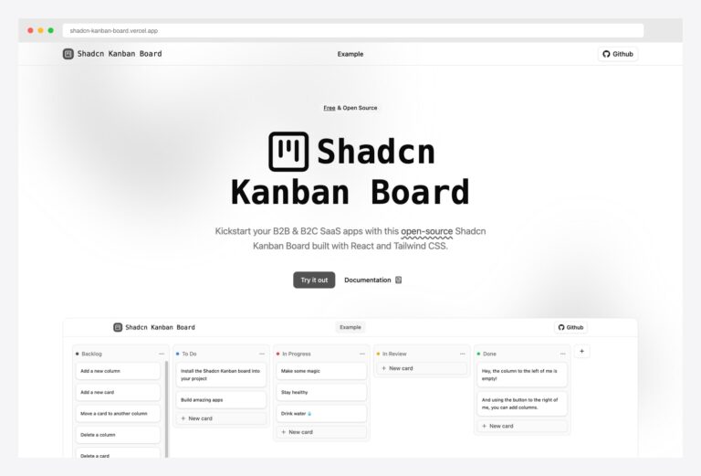 shadcn-kanban-board.vercel.app — open-source full Shadcn Kanban Board for B2B and B2C SaaS apps with Backlog, To Do, In Progress, In Review, and Done columns plus draggable cards built with React and Tailwind CSS