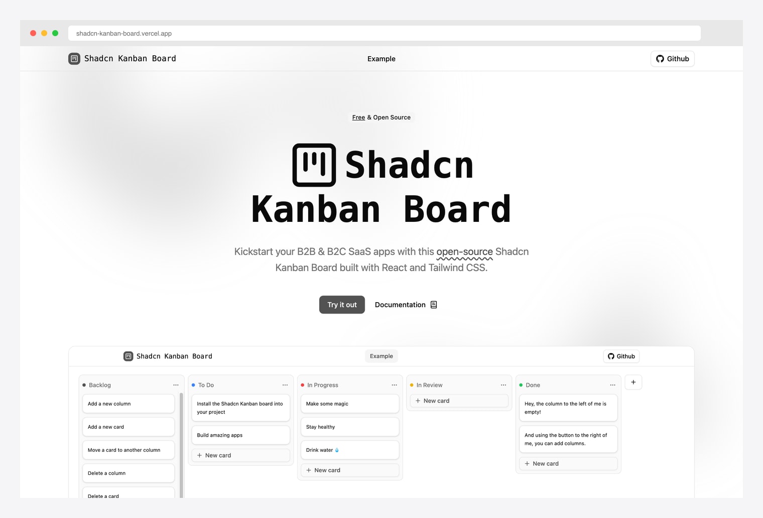 shadcn-kanban-board.vercel.app — open-source full Shadcn Kanban Board for B2B and B2C SaaS apps with Backlog, To Do, In Progress, In Review, and Done columns plus draggable cards built with React and Tailwind CSS