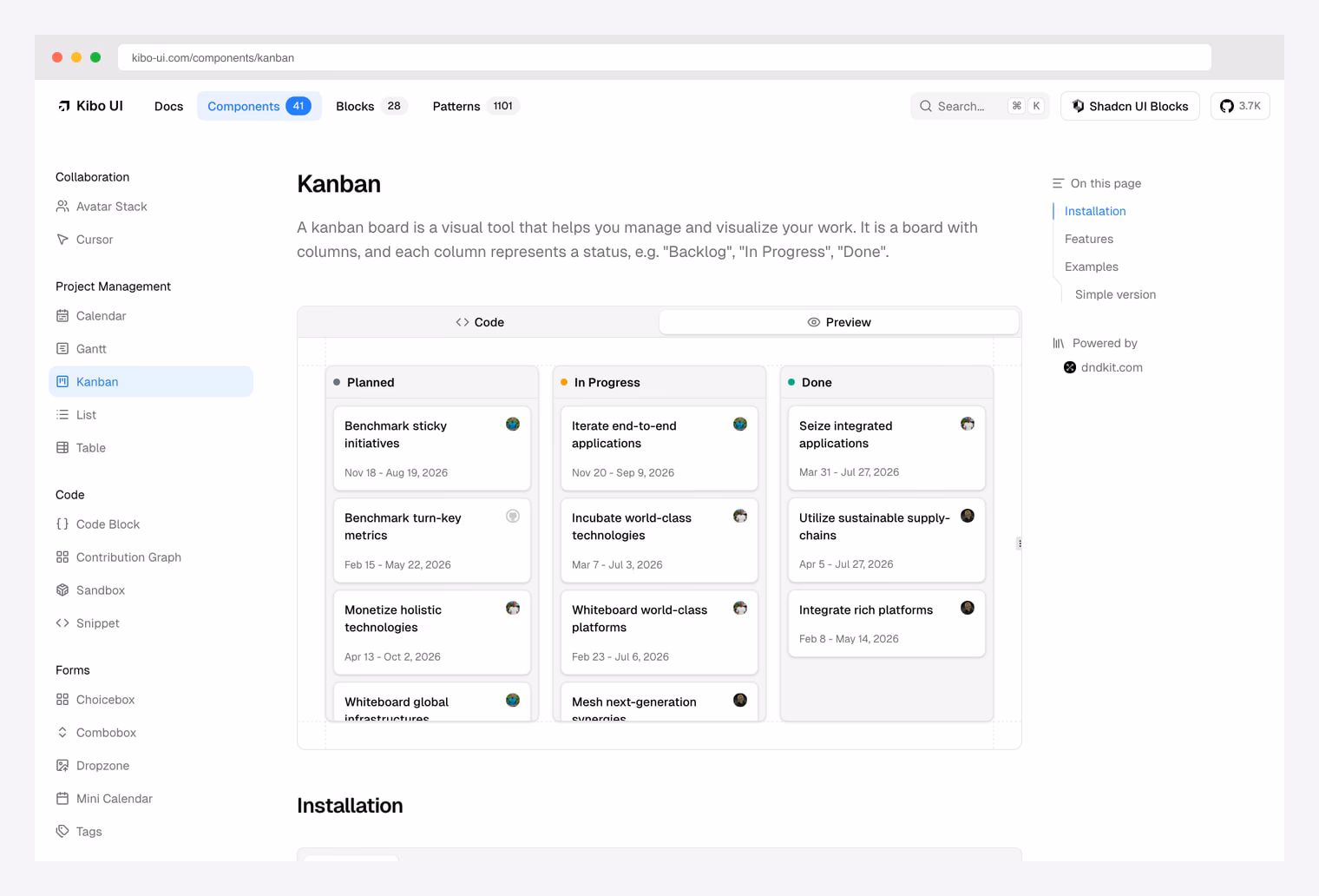 Kibo UI Kanban — shadcn/ui-compatible kanban component library at kibo-ui.com/components/kanban with composable React primitives