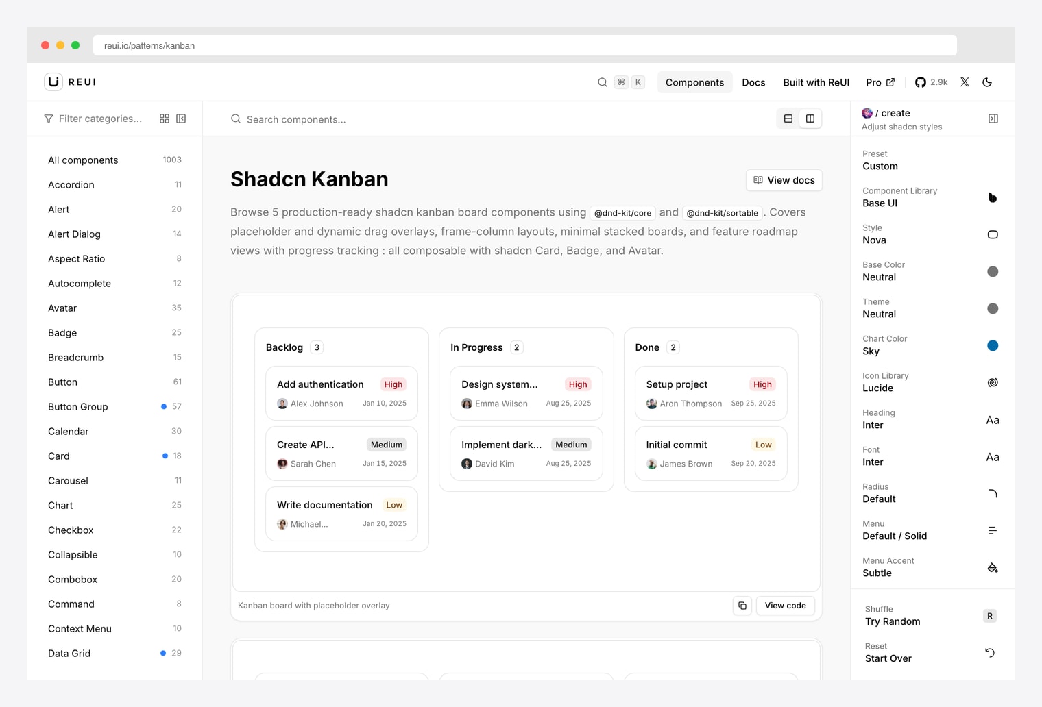 ReUI Kanban Patterns — 5 free shadcn kanban board patterns for drag-and-drop task boards, sprint planning, and roadmap management with copy-ready React components using Tailwind CSS