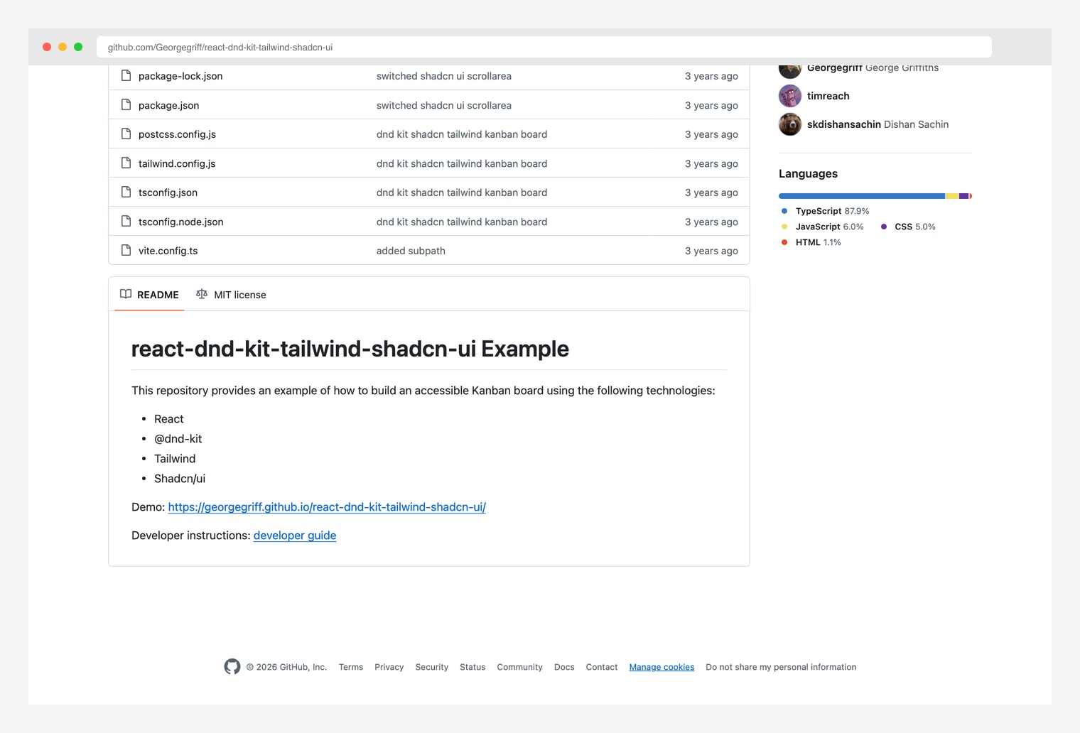 Georgegriff react-dnd-kit-tailwind-shadcn-ui on GitHub — drag and drop accessible kanban board implementing using React, dnd-kit, Tailwind, and shadcn/ui with full keyboard controls and screen-reader announcements