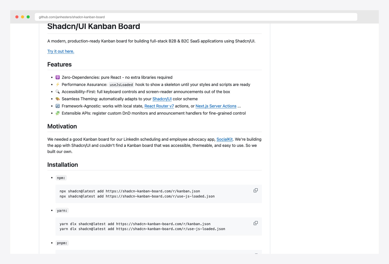 janhesters/shadcn-kanban-board on GitHub — modern production-ready Kanban board for full-stack B2B and B2C SaaS applications using Shadcn/UI with zero-dependencies pure React, accessibility-first design, and seamless theming