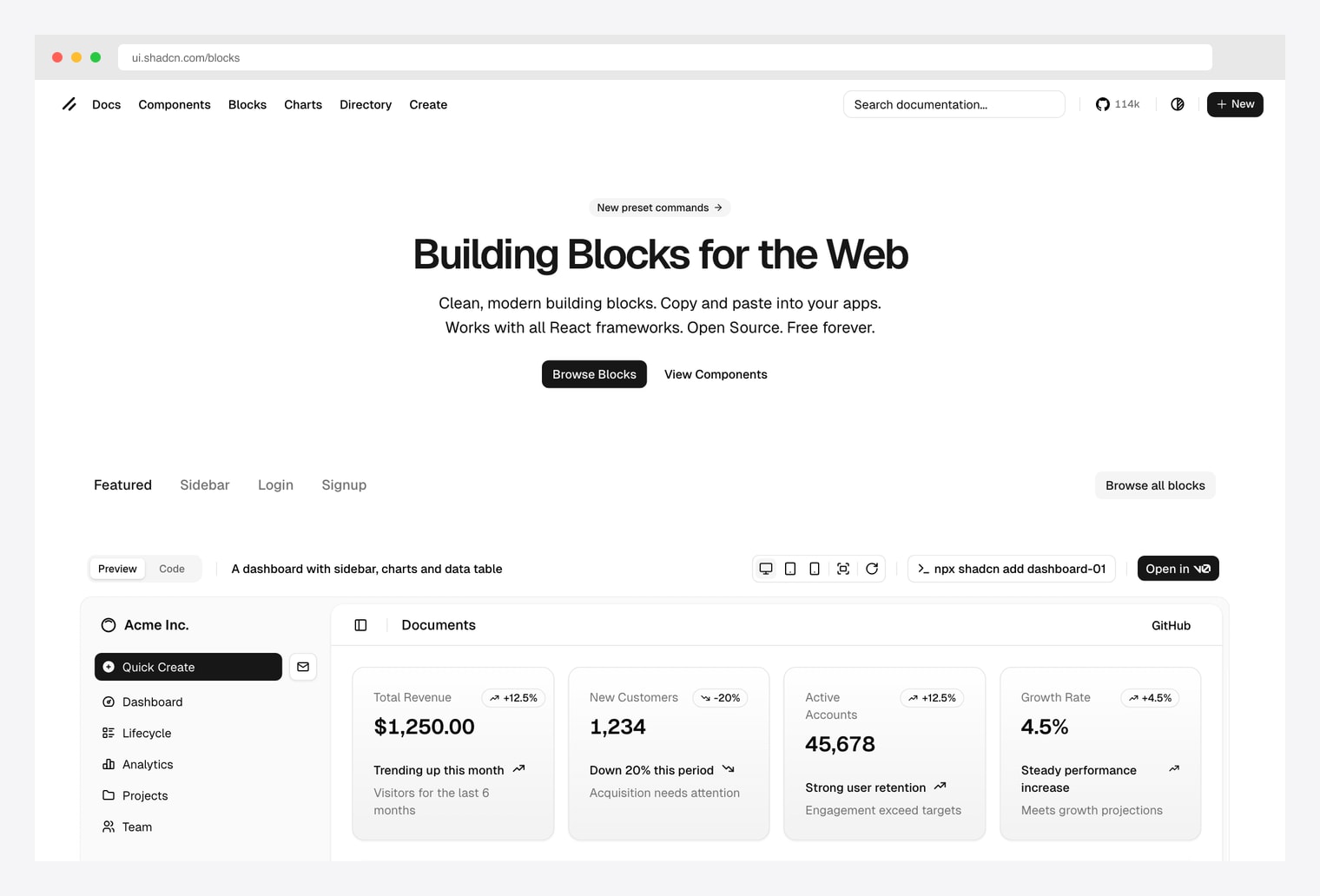 shadcn/ui Official Blocks at ui.shadcn.com/blocks — Building Blocks for the Web, the canonical source where new shadcn blocks land first, copy and paste into your apps with npx shadcn add
