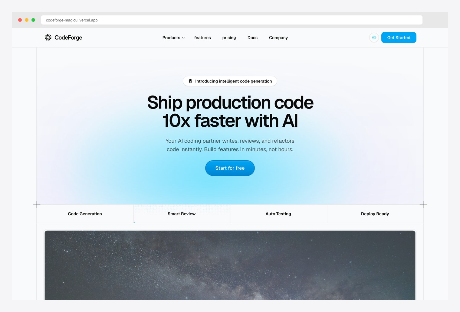 Magic UI Pro Codeforge landing page — AI code generation product hero