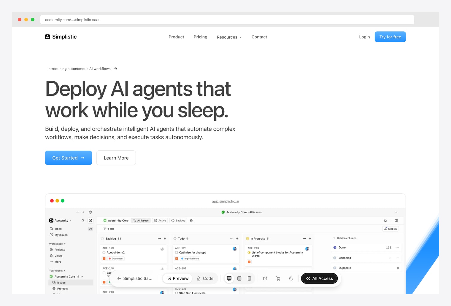 Aceternity Simplistic SaaS template — AI agents landing page with dashboard preview