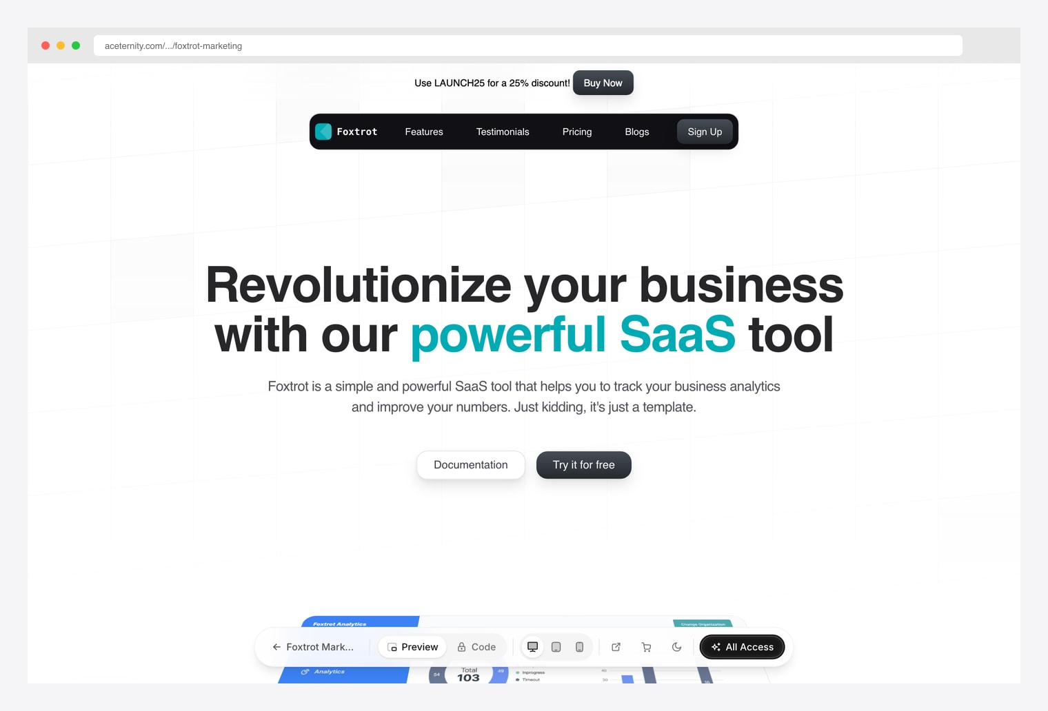 Aceternity Foxtrot Marketing template — SaaS analytics landing with promo bar