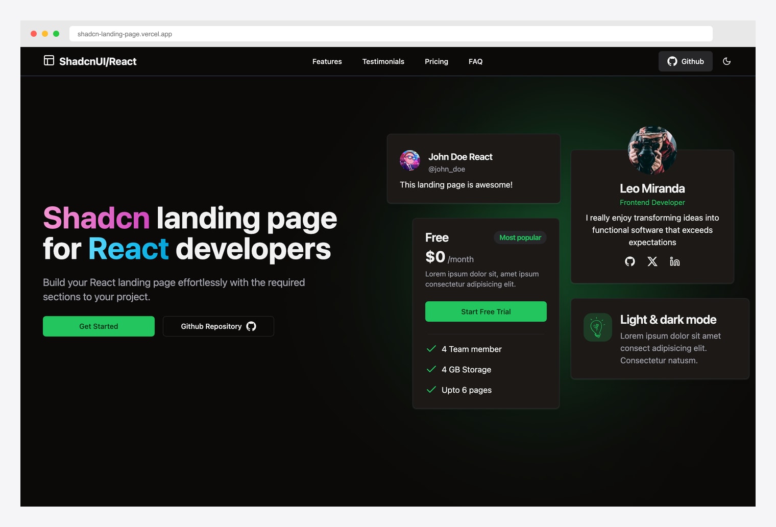 shadcn-landing-page by leoMirandaa — most-starred free shadcn landing template