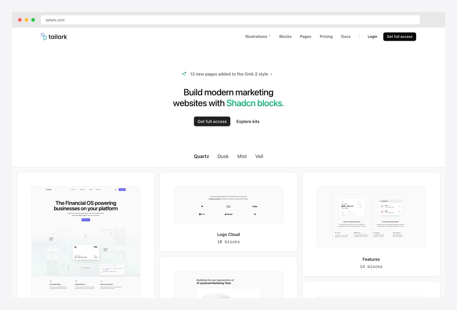 Tailark — 300+ shadcn/ui marketing blocks across 4 cohesive themes