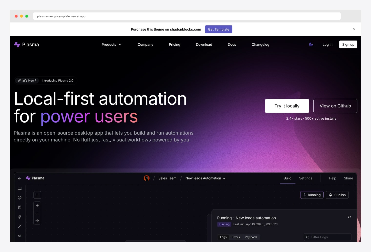 Shadcnblocks Plasma — developer-tool marketing site with dark hero, top nav linking Products / Company / Pricing / Download / Docs / Changelog, large headline and gradient accent, primary and secondary CTAs, and a dashboard preview card below the fold