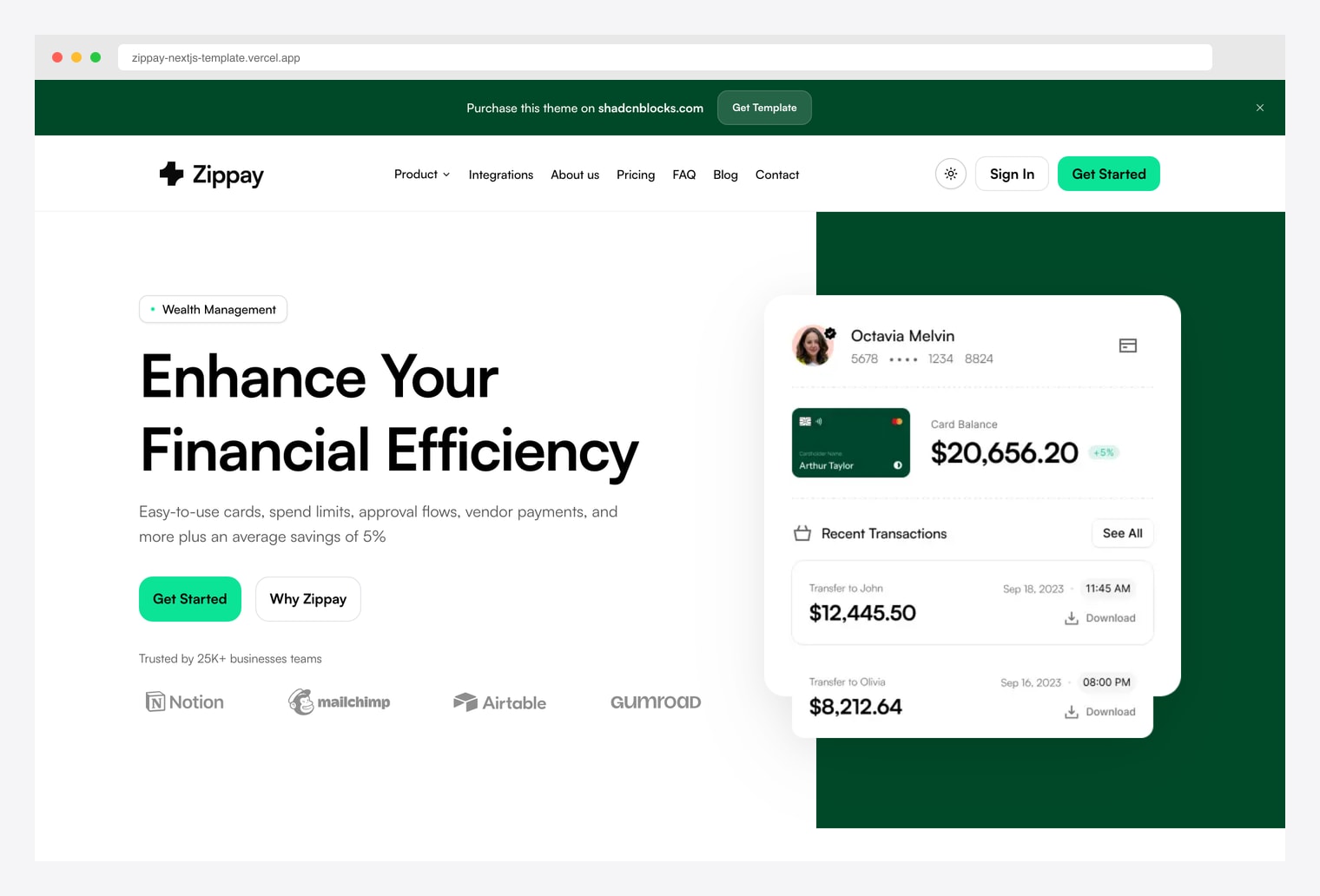 Shadcnblocks Zippay — fintech marketing site with light hero, Wealth Management pill, large headline, twin CTAs, trusted-by logo strip, and a floating card-balance and recent-transactions preview to the right