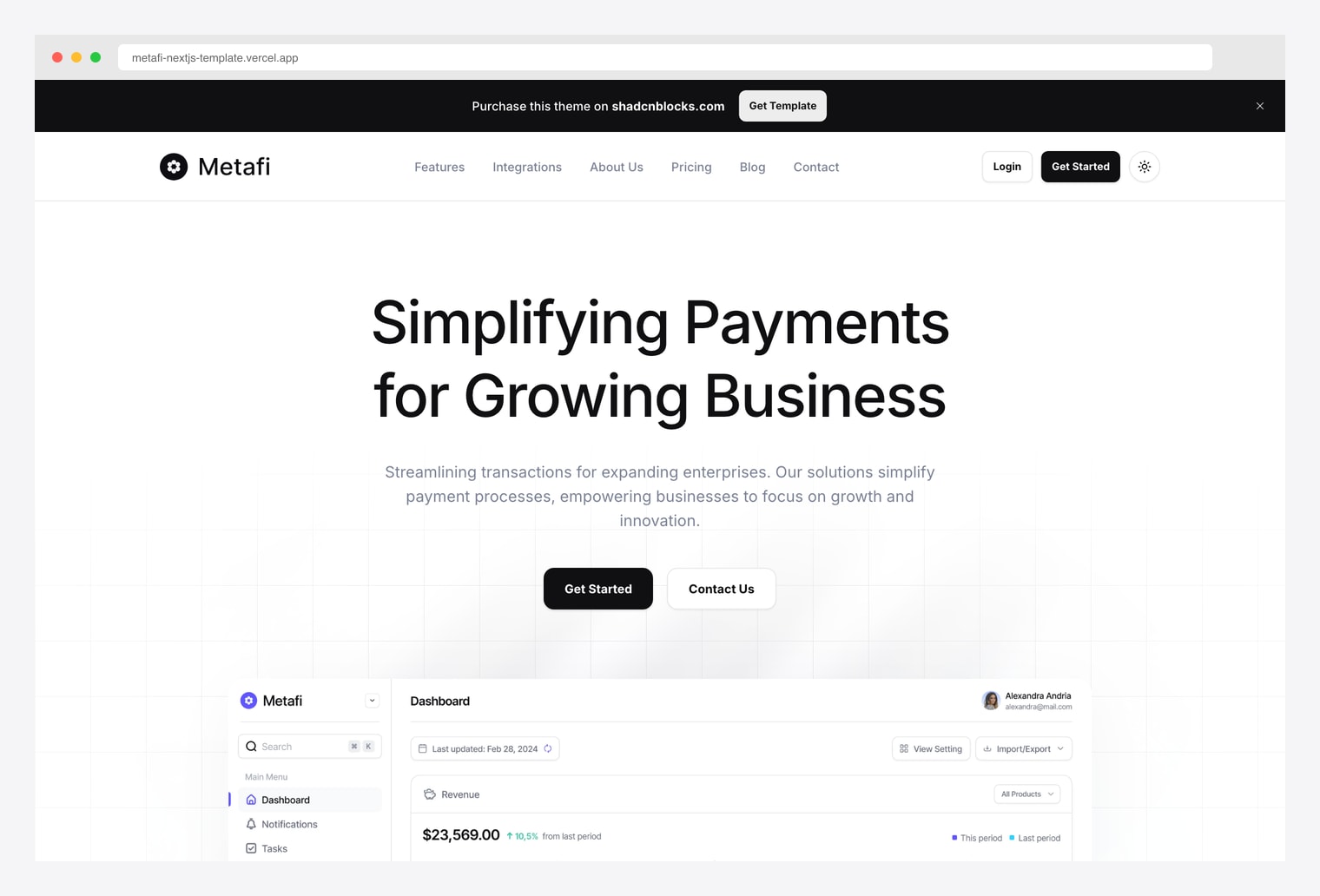 Shadcnblocks Metafi — sophisticated payments marketing site with light hero, top nav linking Features / Integrations / About Us / Pricing / Blog / Contact, centered large headline and sub-headline, primary and secondary CTAs, and a dashboard revenue preview below the fold