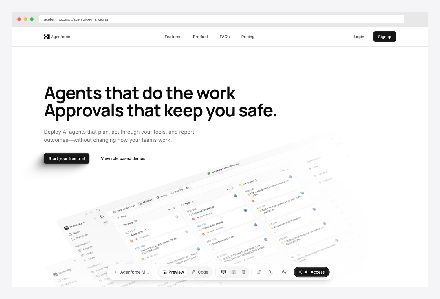 Aceternity Agenforce Marketing Template — AI agent marketing site with light hero, top nav linking Features / Product / FAQs / Pricing, large bold headline and sub-headline, twin CTAs, and a tilted Kanban-style agent workflow preview below the fold