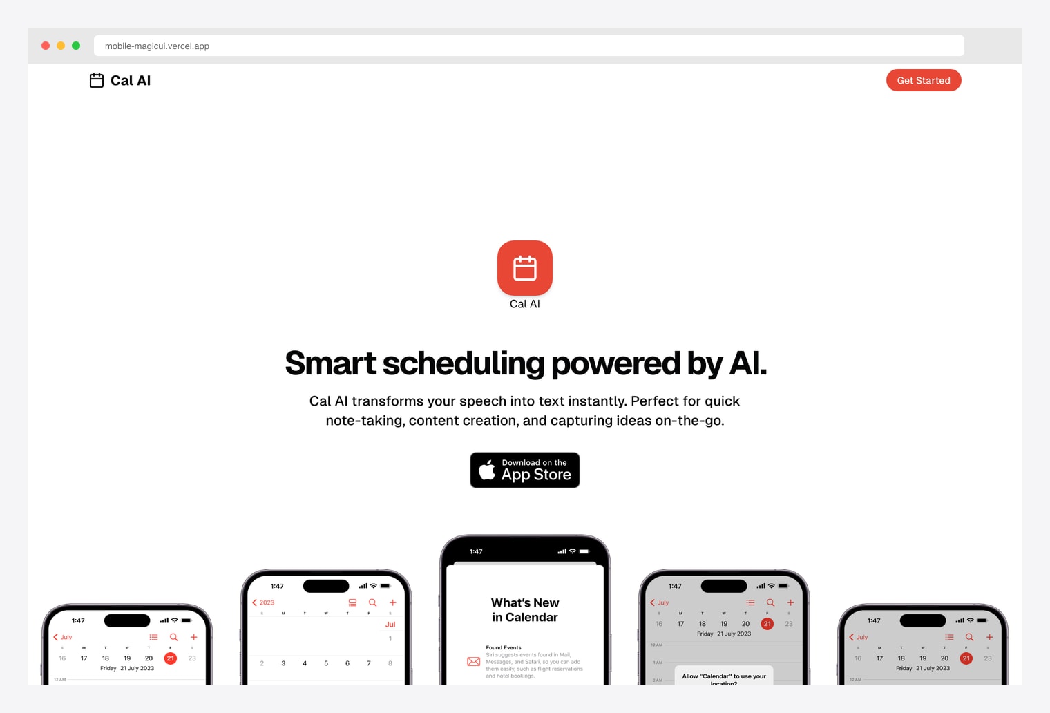 Magic UI Pro Mobile template — mobile-app marketing site with light hero, app-icon badge, large headline and sub-headline, App Store CTA, and a row of iPhone mockups showing the app screens below the hero