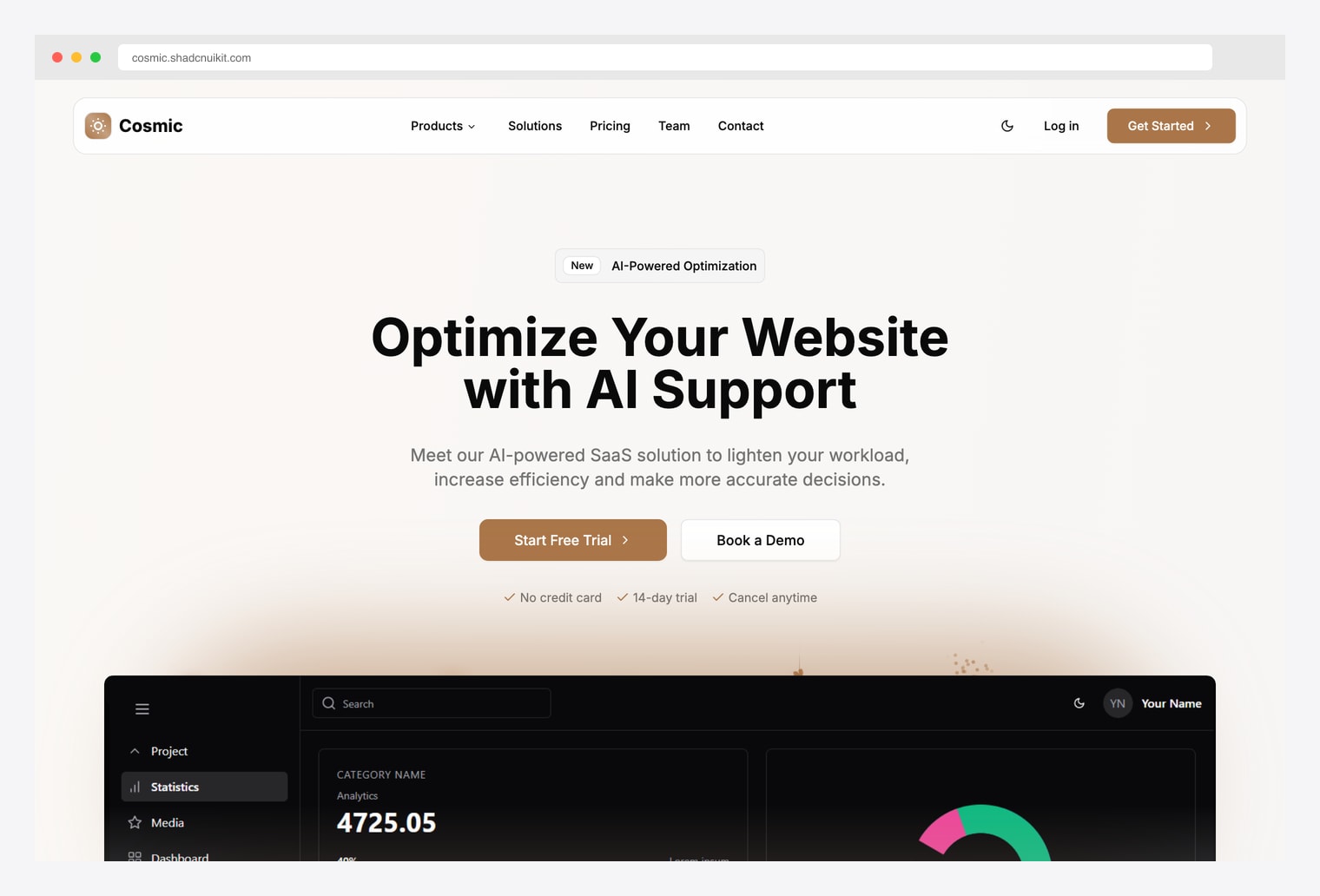 Shadcn UI Kit Cosmic — SaaS landing page template with light hero, top nav linking Products / Solutions / Pricing / Team / Contact, AI-Powered Optimization pill, large headline, twin CTAs with no-credit-card / free-trial micro-copy, and a dark analytics dashboard preview below the fold