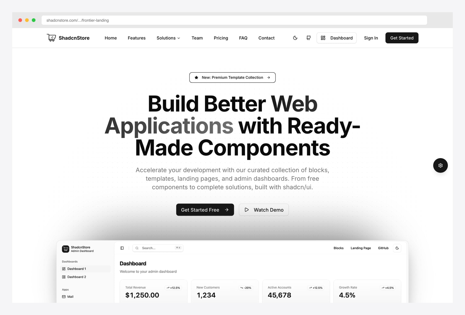 ShadcnStore Frontier — free open-source SaaS landing template with light hero, top nav linking Home / Features / Solutions / Team / Pricing / FAQ / Contact, Premium Template Collection pill, large gradient-accent headline, Get Started Free and Watch Demo CTAs, and an admin dashboard preview below the fold