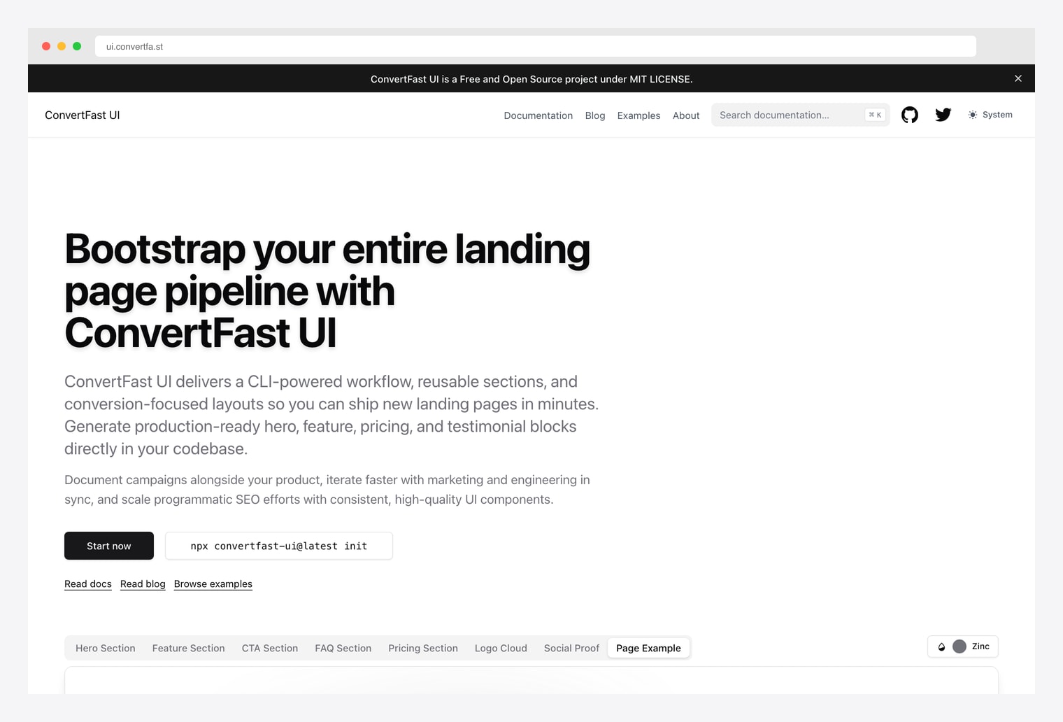 ConvertFast UI — free open-source marketing UI generator under MIT license with documentation / blog / examples nav, large landing-page-pipeline headline, sub-headline, Start Now CTA, npx convertfast-ui init install snippet, and a section tab strip listing Hero / Feature / CTA / FAQ / Pricing / Logo Cloud / Social Proof / Page Example
