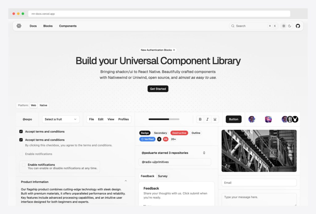 React Native Reusables by founded-labs — Build your Universal Component Library hero bringing shadcn/ui to React Native with Nativewind or Uniwind, Get Started CTA, Platform Web / Native switcher, and a preview grid showing form components (checkboxes with terms-and-conditions copy, select dropdowns, file menu, rich-text toolbar, button with avatars, badges including Secondary / Destructive / Outline / Verified, repository starred card, feedback and survey tabs, email and message form inputs)