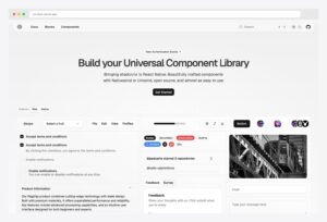 React Native Reusables by founded-labs — Build your Universal Component Library hero bringing shadcn/ui to React Native with Nativewind or Uniwind, Get Started CTA, Platform Web / Native switcher, and a preview grid showing form components (checkboxes with terms-and-conditions copy, select dropdowns, file menu, rich-text toolbar, button with avatars, badges including Secondary / Destructive / Outline / Verified, repository starred card, feedback and survey tabs, email and message form inputs)