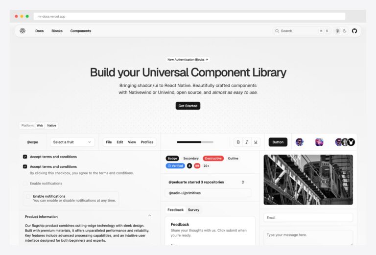 React Native Reusables by founded-labs — Build your Universal Component Library hero bringing shadcn/ui to React Native with Nativewind or Uniwind, Get Started CTA, Platform Web / Native switcher, and a preview grid showing form components (checkboxes with terms-and-conditions copy, select dropdowns, file menu, rich-text toolbar, button with avatars, badges including Secondary / Destructive / Outline / Verified, repository starred card, feedback and survey tabs, email and message form inputs)