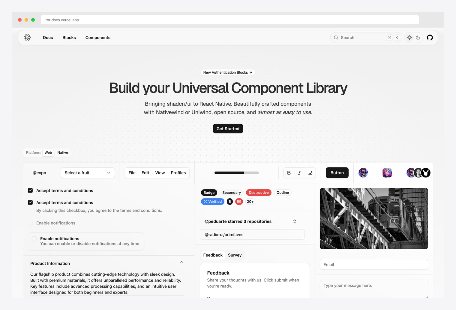 React Native Reusables by founded-labs — Build your Universal Component Library hero bringing shadcn/ui to React Native with Nativewind or Uniwind, Get Started CTA, Platform Web / Native switcher, and a preview grid showing form components (checkboxes with terms-and-conditions copy, select dropdowns, file menu, rich-text toolbar, button with avatars, badges including Secondary / Destructive / Outline / Verified, repository starred card, feedback and survey tabs, email and message form inputs)