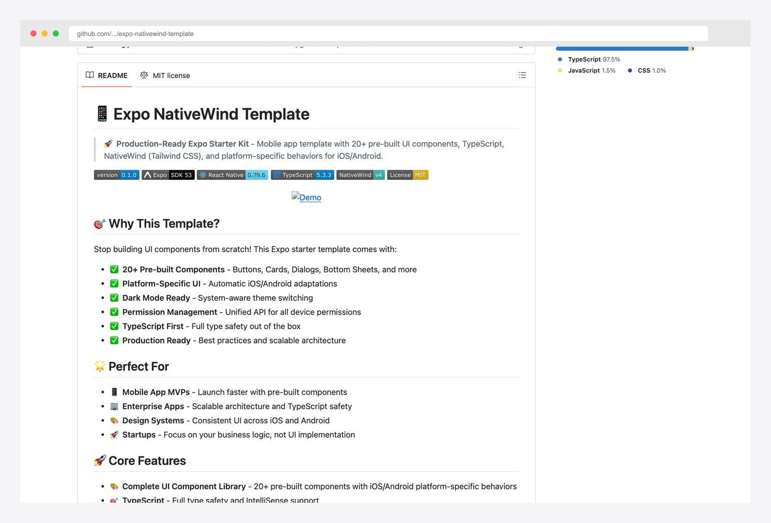 expo-nativewind-template by chvvkrishnakumar — production-ready Expo + React Native + TypeScript starter kit with NativeWind (Tailwind CSS) styling, pre-styled UI components, dark mode support, Expo Router navigation, and shadcn-style component architecture for building cross-platform iOS and Android apps