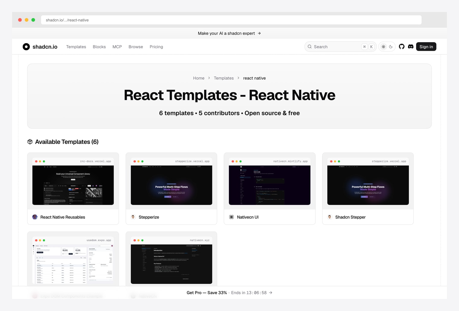 shadcn.io React Native template category — curated catalog of shadcn-inspired React Native templates and component libraries with framework filters, grid view, and direct links to live demos and source-code repositories