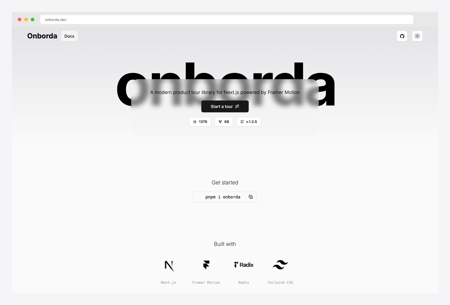 Onborda by uixmat — onboarding wizard and product tour library for Next.js, with hero displaying the project name and tagline, Start a tour CTA, GitHub stars / forks / version badges, pnpm install snippet, and a Built with row listing Next.js, Framer Motion, Radix, and Tailwind CSS