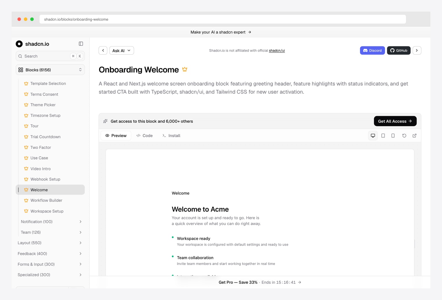 shadcn.io Onboarding Welcome block — welcome screen onboarding block for React, Next.js, and TypeScript with greeting header, status indicator feature highlights, get-started CTA, and a sidebar listing 100+ other onboarding block categories