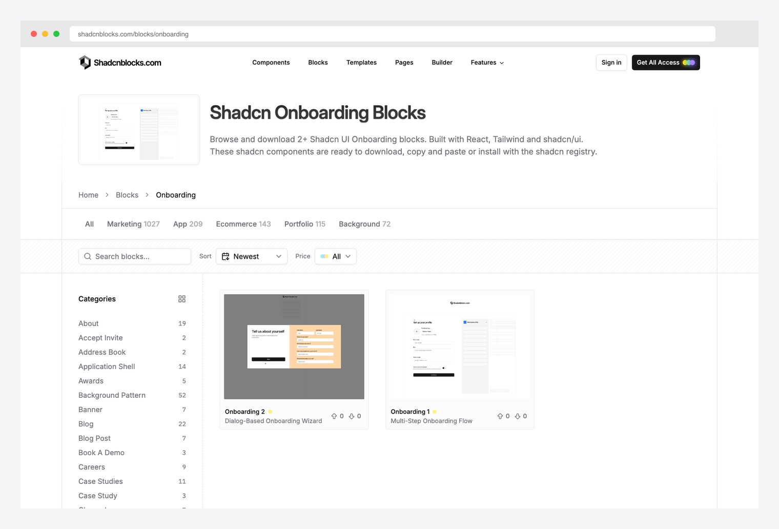 Shadcnblocks Onboarding blocks — block library for the user-onboarding surface in shadcn/ui with welcome screens, multi-step wizards, progress bars, profile-setup forms, and feature highlight cards built with React, Tailwind, and shadcn/ui