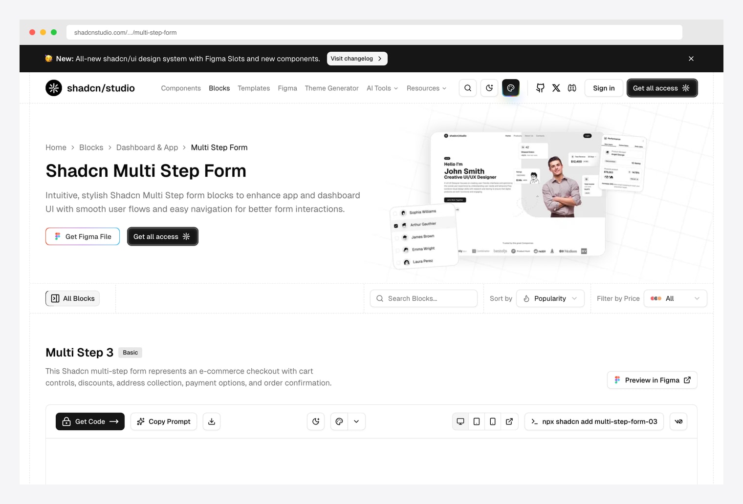 Shadcn Studio Multi-Step Form — multi-step form block with responsive step navigation, progress indicator strip, form validation, review screen, and copy-paste install command built with shadcn/ui and Tailwind