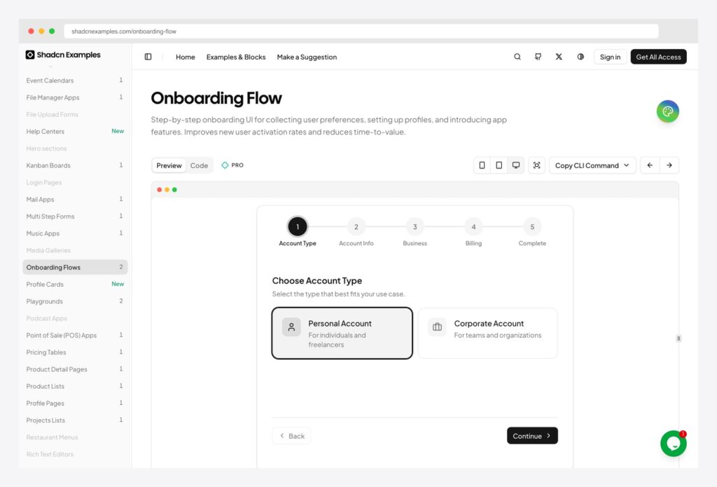 shadcnexamples.com Onboarding Flow — step-by-step onboarding UI with 5-step progress strip (Account Type, Account Info, Business, Billing, Complete), Choose Account Type screen with Personal and Corporate options, and Back / Continue navigation