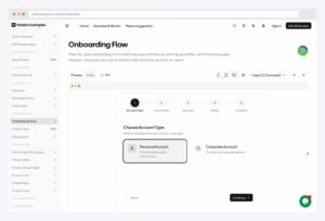 shadcnexamples.com Onboarding Flow — step-by-step onboarding UI with 5-step progress strip (Account Type, Account Info, Business, Billing, Complete), Choose Account Type screen with Personal and Corporate options, and Back / Continue navigation