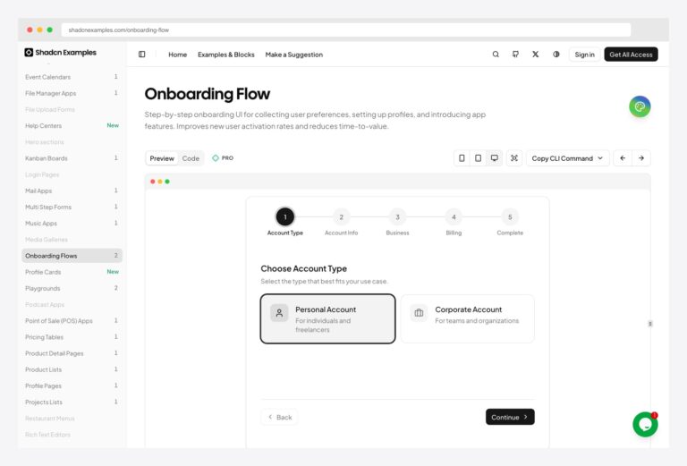 shadcnexamples.com Onboarding Flow — step-by-step onboarding UI with 5-step progress strip (Account Type, Account Info, Business, Billing, Complete), Choose Account Type screen with Personal and Corporate options, and Back / Continue navigation