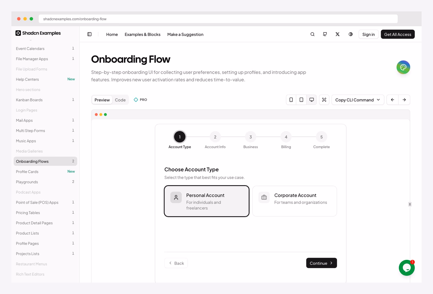 shadcnexamples.com Onboarding Flow — step-by-step onboarding UI with 5-step progress strip (Account Type, Account Info, Business, Billing, Complete), Choose Account Type screen with Personal and Corporate options, and Back / Continue navigation