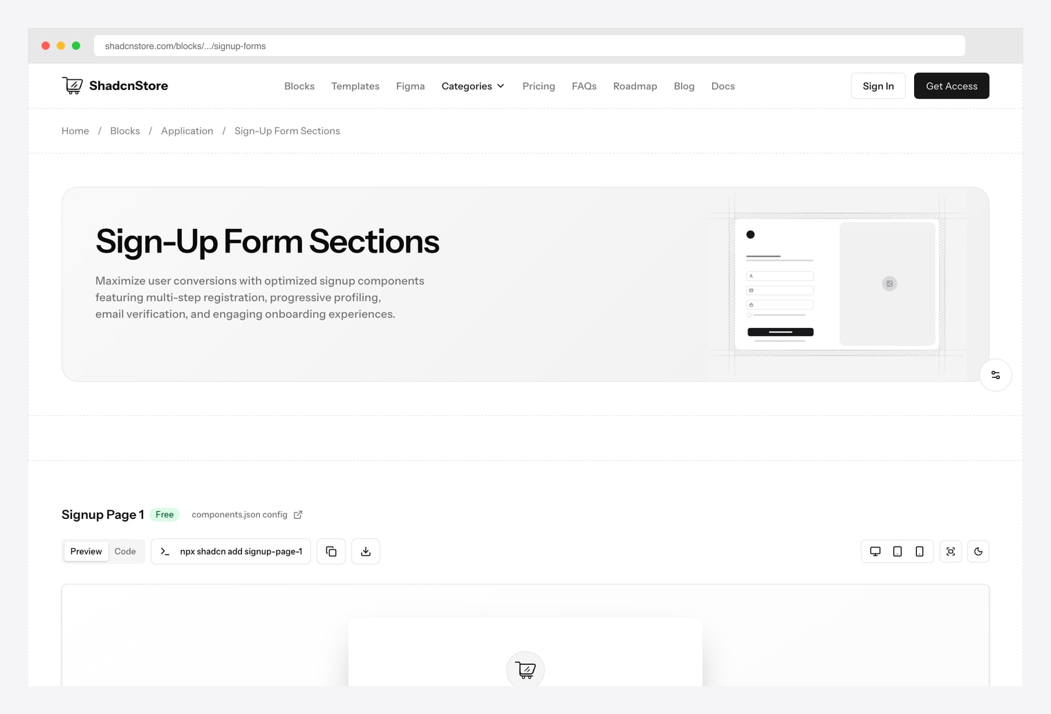 ShadcnStore Signup Forms — user-registration and onboarding components in the application category with multi-step registration patterns, progress indicators, form validation, and progressive disclosure layouts