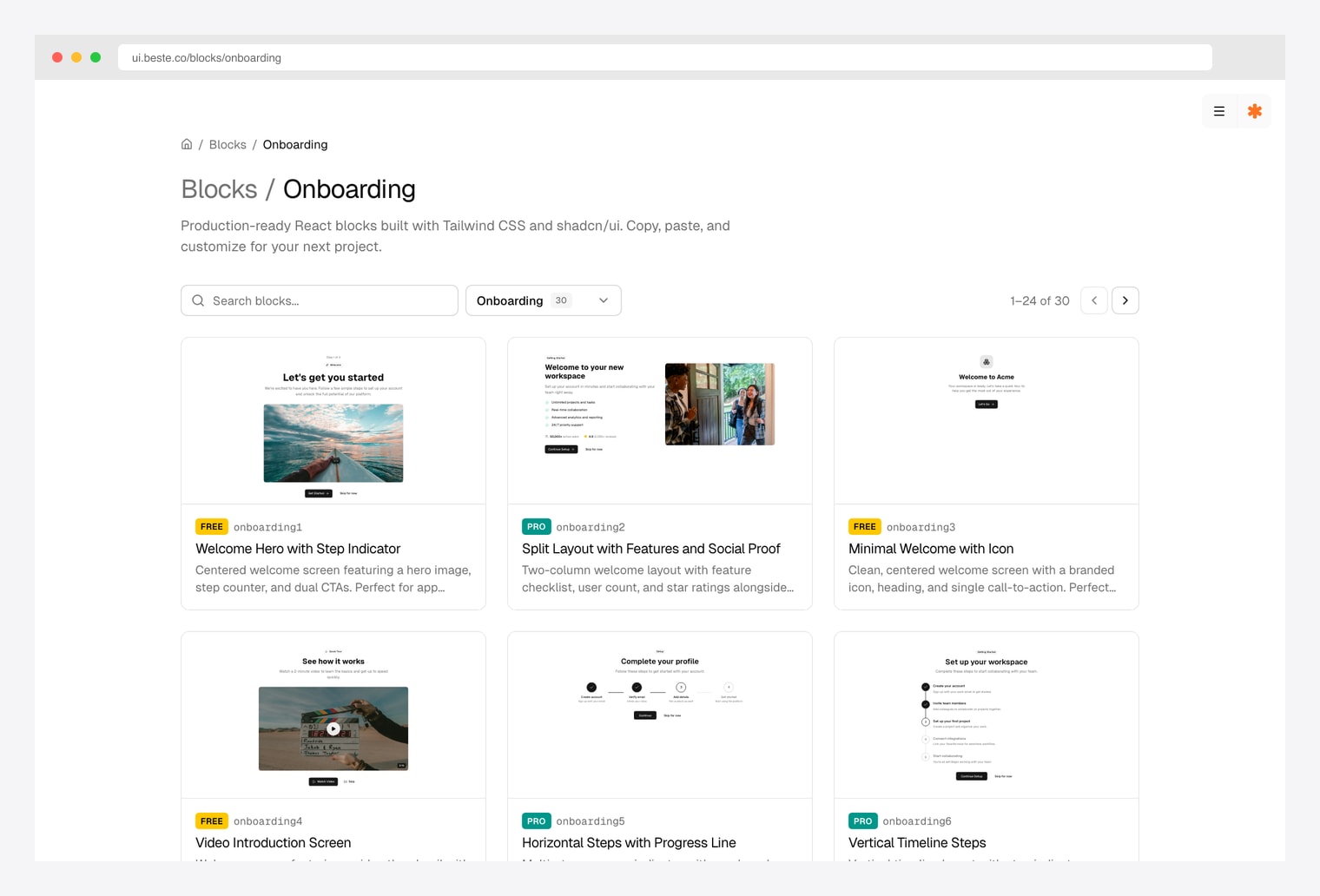 Beste UI Onboarding blocks — onboarding block library with centered welcome screens, interactive form wizards with segmented progress bars, and animated step wizards with numbered indicators for product walkthroughs