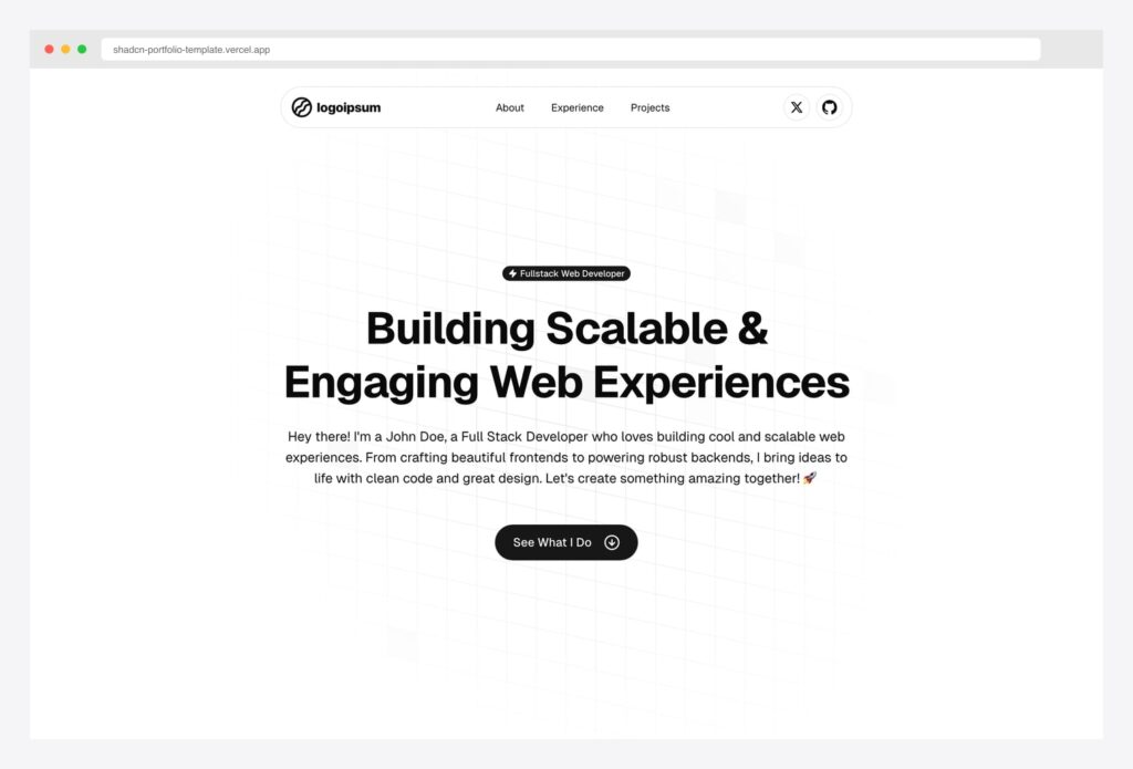 shadcn-portfolio-template on Vercel — open-source full developer portfolio template hero with Fullstack Web Developer badge, large display headline, About / Experience / Projects nav, and X / GitHub social links